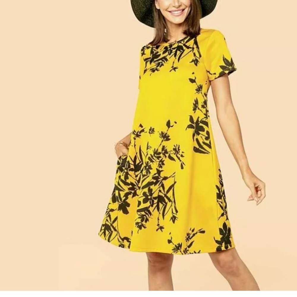R.U.B.Z. Mustard Floral Silhouette Pocket Tunic